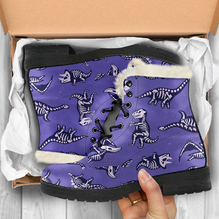 Purple T-REX Dinosaur Skeleton Print Comfy Faux Fur Boots For Winter Season