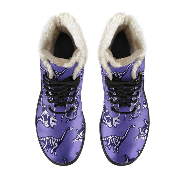 Purple T-REX Dinosaur Skeleton Print Comfy Faux Fur Boots For Winter Season