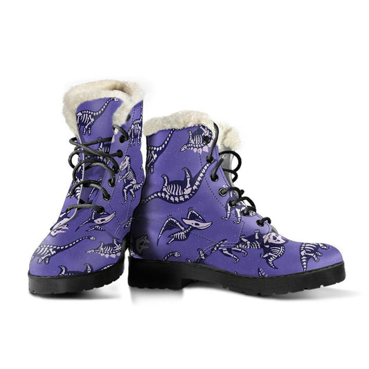 Purple T-REX Dinosaur Skeleton Print Comfy Faux Fur Boots For Winter Season