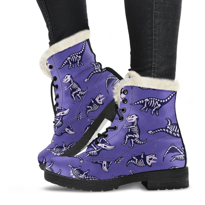 Purple T-REX Dinosaur Skeleton Print Comfy Faux Fur Boots For Winter Season