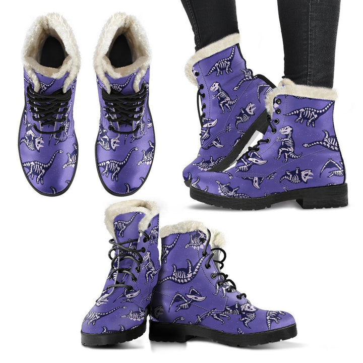 Purple T-REX Dinosaur Skeleton Print Comfy Faux Fur Boots For Winter Season