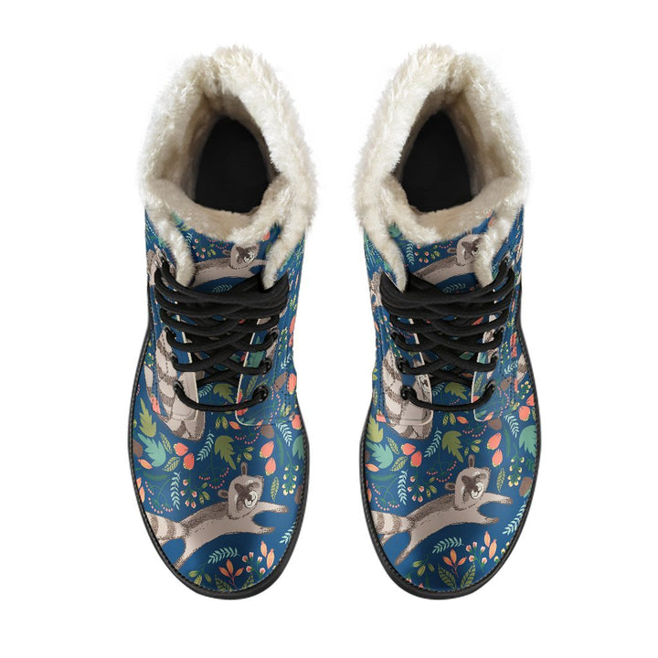 Racoon, Flowers Cartoon Pattern Print Comfy Faux Fur Boots For Winter Season