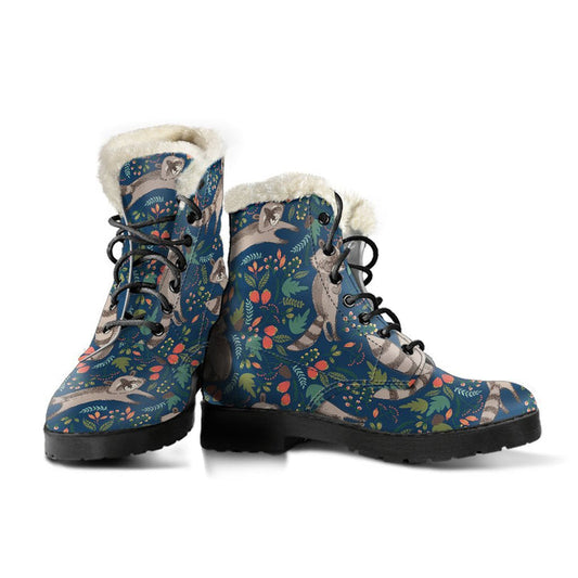 Racoon, Flowers Cartoon Pattern Print Comfy Faux Fur Boots For Winter Season