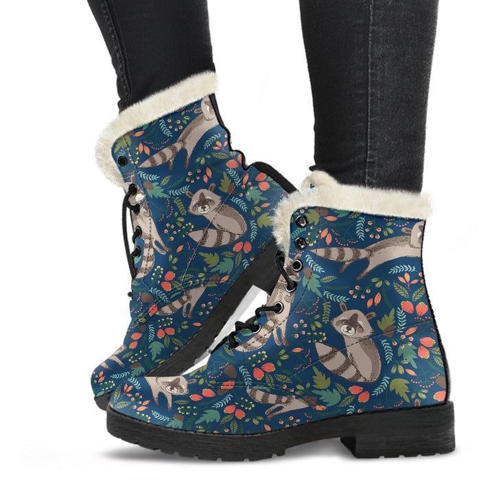 Racoon, Flowers Cartoon Pattern Print Comfy Faux Fur Boots For Winter Season