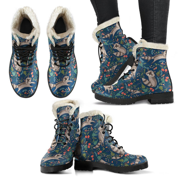 Racoon, Flowers Cartoon Pattern Print Comfy Faux Fur Boots For Winter Season