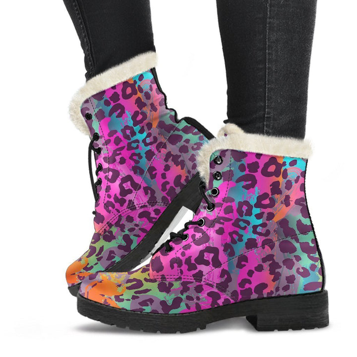 Rainbow Cheetah Pattern Print Comfy Casual Boots For Winter Season