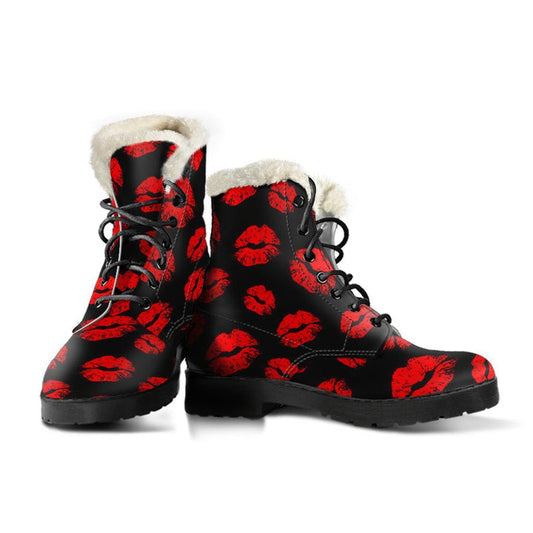 Red Lip Kiss Pattern Print Comfy Faux Fur Boots For Winter Season