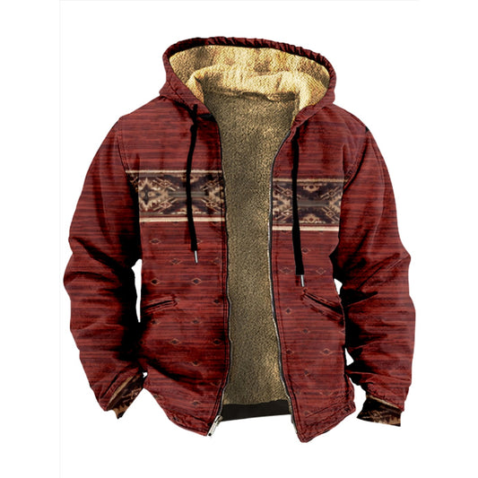 Red Native American Pattern Print Wool Hooded Jackets For Hippie