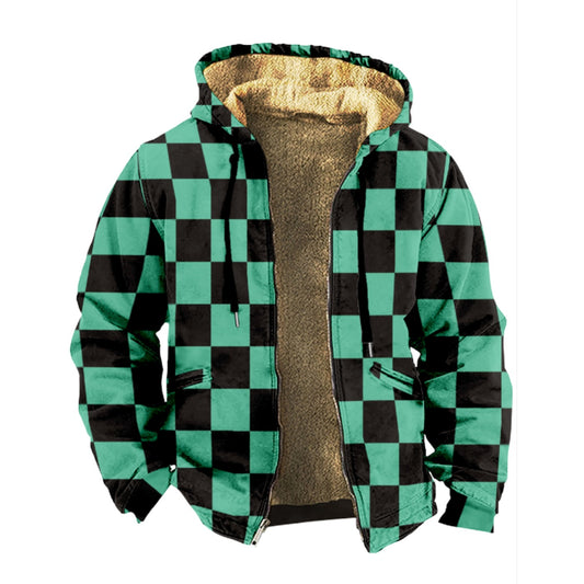 Emerald Blossoms - Retro Black And Green Checkered Pattern Print Wool Hooded Jackets For Hippie