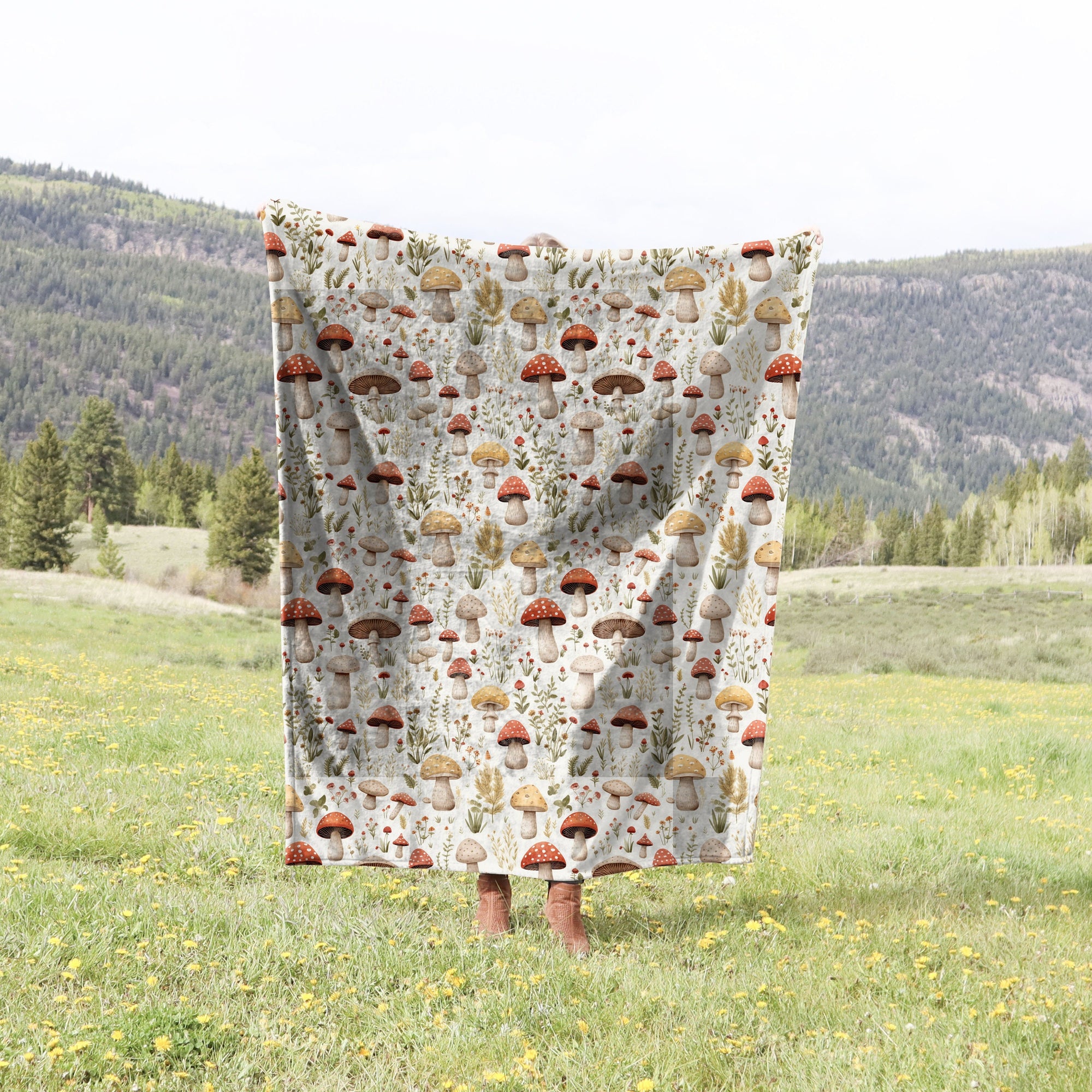 Retro Mushroom Forest, Cottagecore Fleece Blanket For Hippies