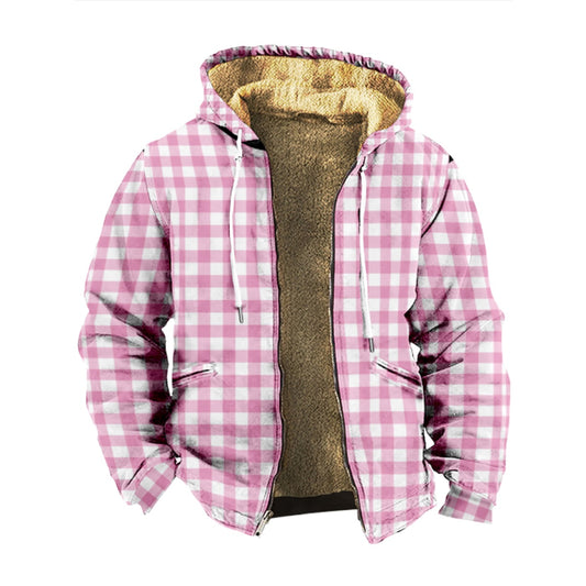 Retro Pink Checkered Pattern Print Wool Hooded Jackets For Hippie