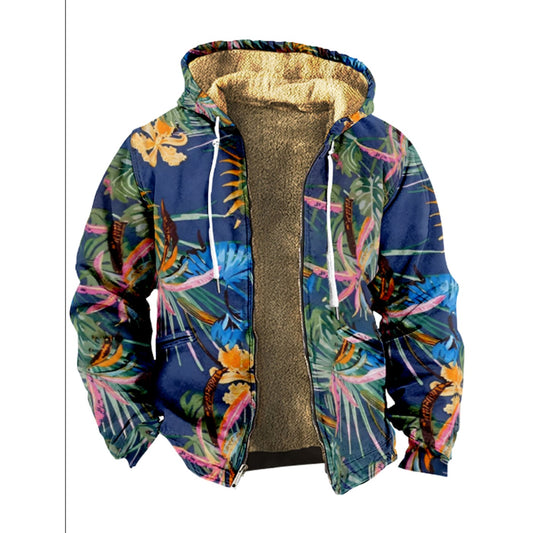 Emerald Blossoms - Retro Tropical Floral Pattern Print Wool Hooded Jackets For Hippie