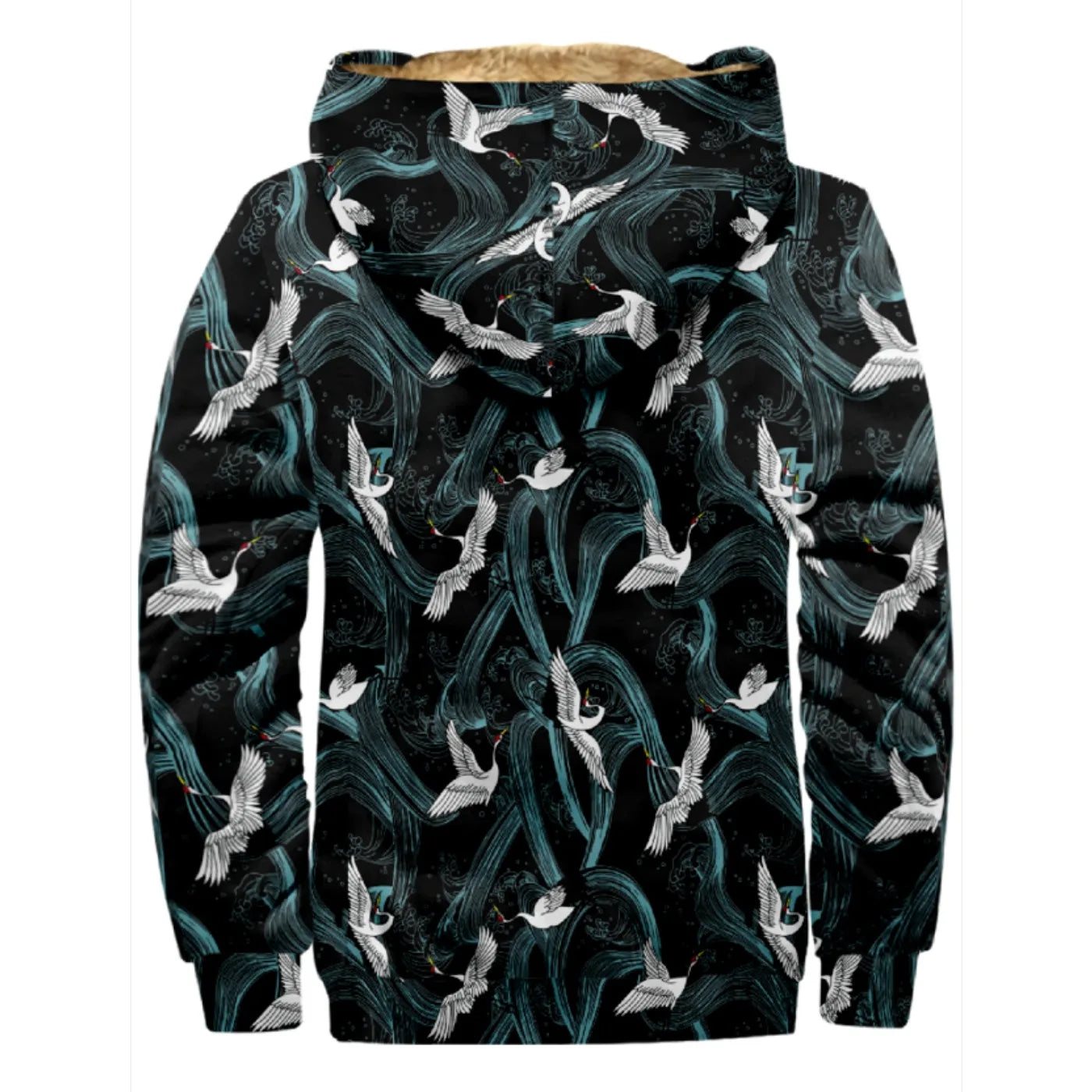 Emerald Blossoms - Retro White Crane Birds Pattern Print Wool Hooded Jackets For Hippie