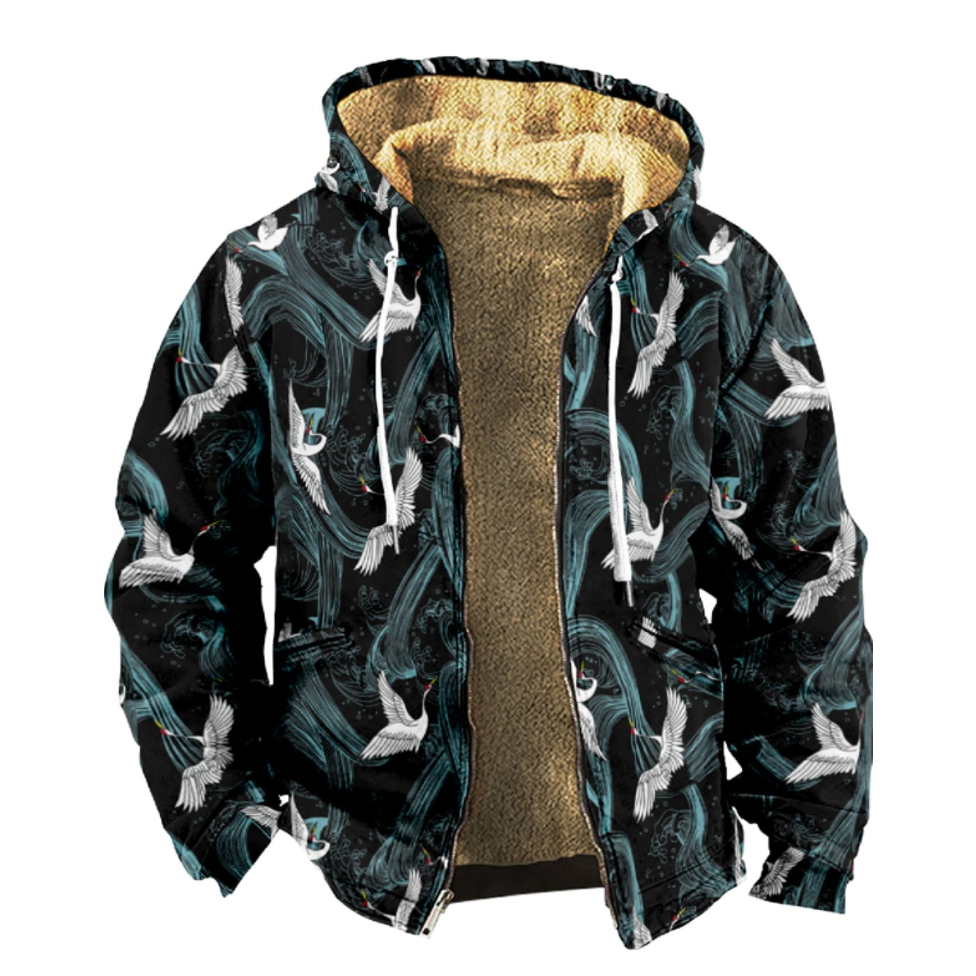 Emerald Blossoms - Retro White Crane Birds Pattern Print Wool Hooded Jackets For Hippie