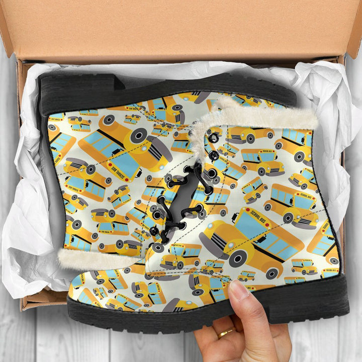 School Bus Cartoon Pattern Print Comfy Faux Fur Boots For Winter Season