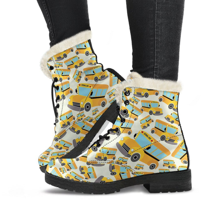 School Bus Cartoon Pattern Print Comfy Faux Fur Boots For Winter Season