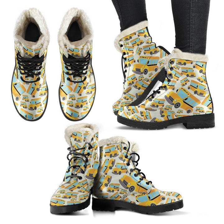 School Bus Cartoon Pattern Print Comfy Faux Fur Boots For Winter Season