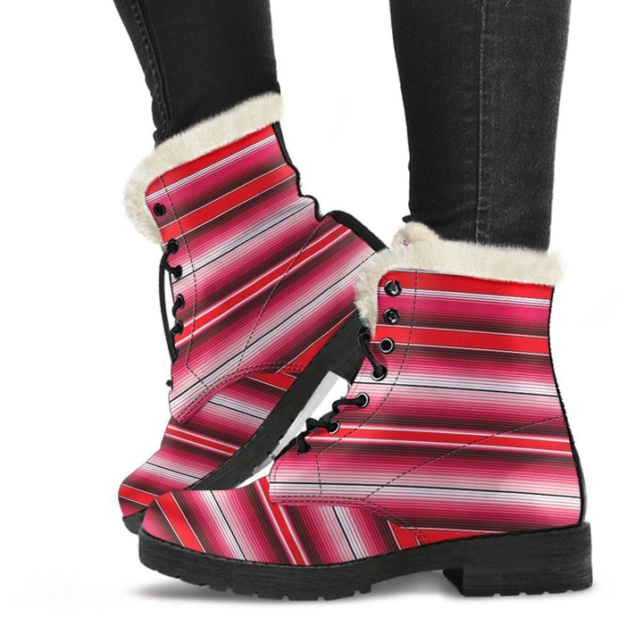 Serape Baja Mexican Pattern Print Comfy Faux Fur Boots For Winter Season