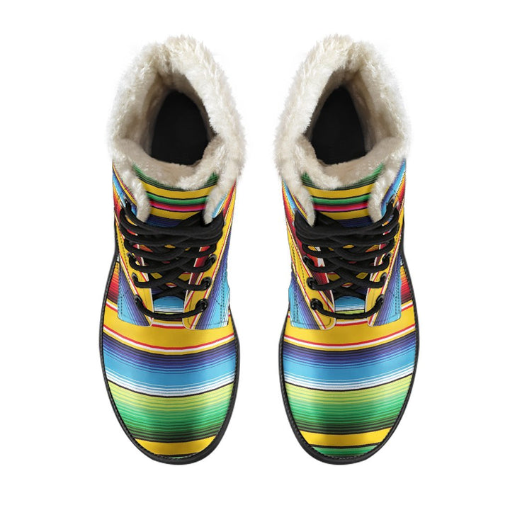 Serape Baja Mexican Print Comfy Faux Fur Boots For Winter Season