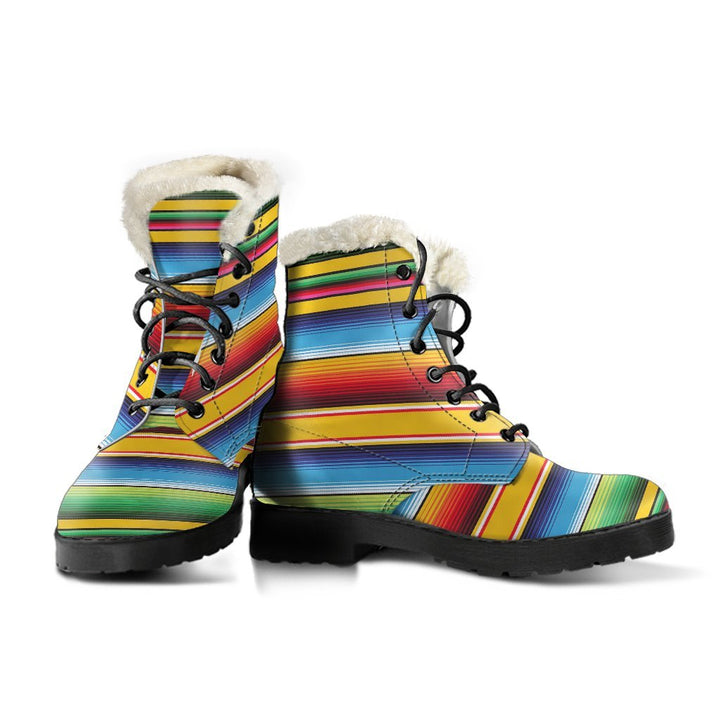 Serape Baja Mexican Print Comfy Faux Fur Boots For Winter Season