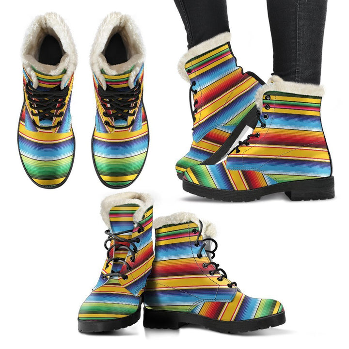 Serape Baja Mexican Print Comfy Faux Fur Boots For Winter Season