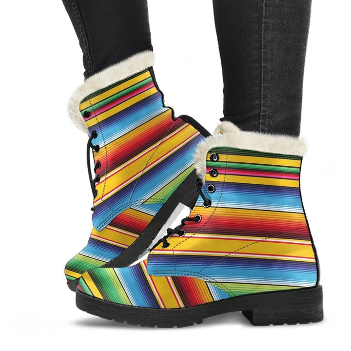 Serape Baja Mexican Print Comfy Faux Fur Boots For Winter Season