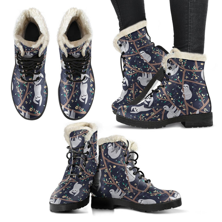 Sloth Flowers Cartoon Pattern Print Comfy Faux Fur Boots For Winter Season