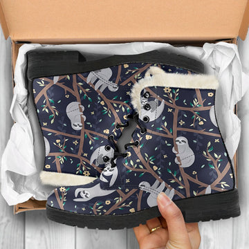 Sloth Flowers Cartoon Pattern Print Comfy Faux Fur Boots For Winter Season