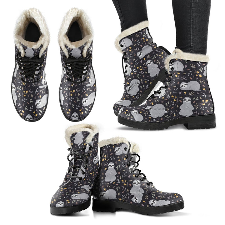 Sloth In The Wild Cartoon Pattern Print Comfy Faux Fur Boots For Winter Season