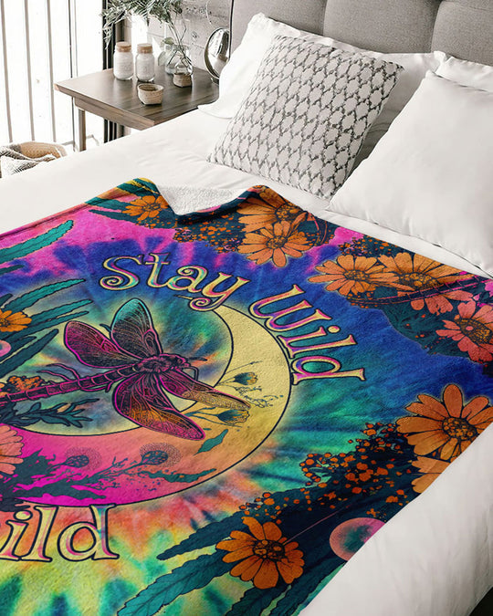 Stay Wild Dragonfly Tie Dye Fleece Blanket For Hippies