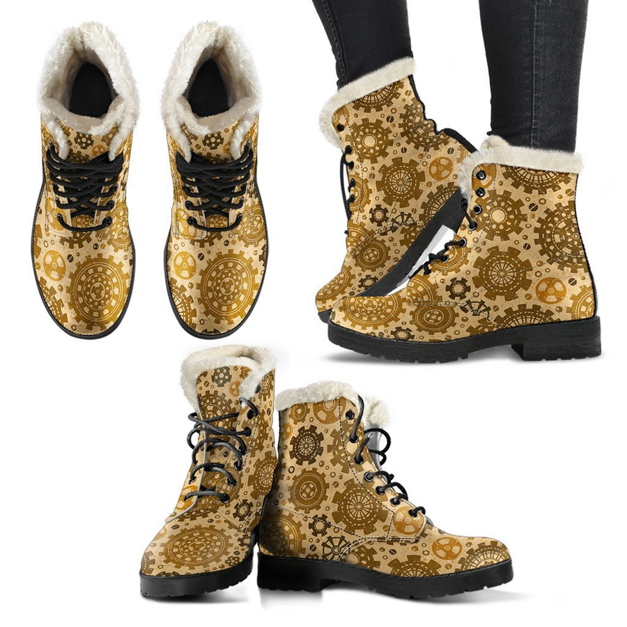 Emerald Blossoms - Steampunk Print Comfy Faux Fur Boots For Holiday Season