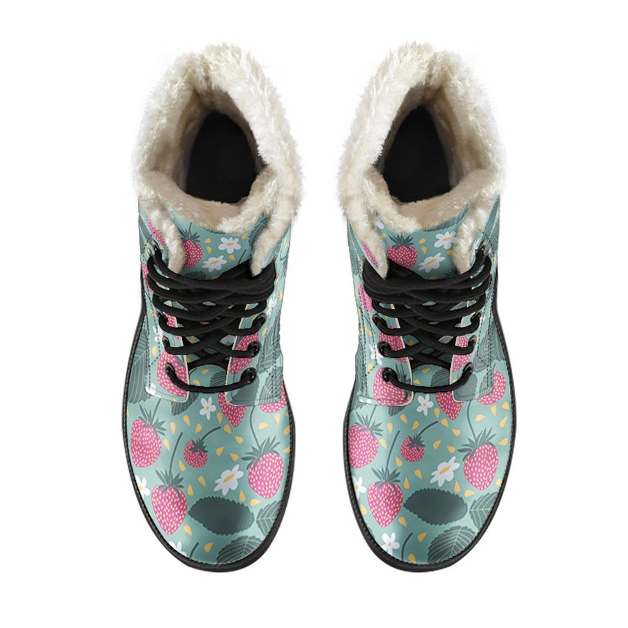 Emerald Blossoms - Strawberry Cartoon Pink Print Comfy Faux Fur Boots For Winter Season