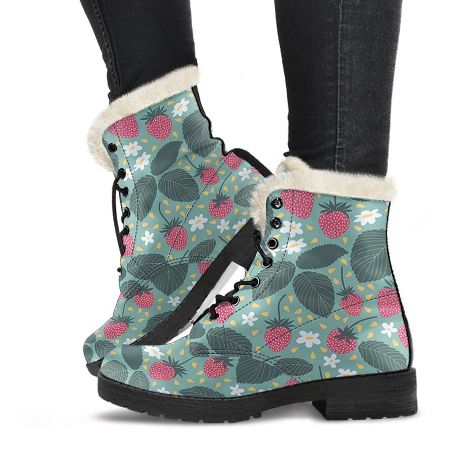 Emerald Blossoms - Strawberry Cartoon Pink Print Comfy Faux Fur Boots For Winter Season