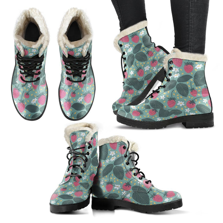 Emerald Blossoms - Strawberry Cartoon Pink Print Comfy Faux Fur Boots For Winter Season