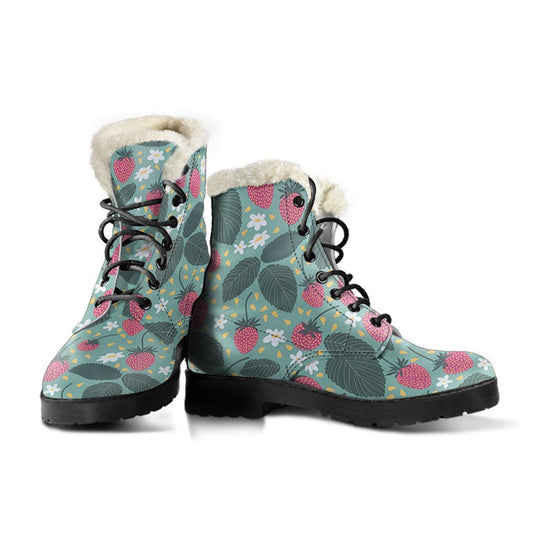 Emerald Blossoms - Strawberry Cartoon Pink Print Comfy Faux Fur Boots For Winter Season