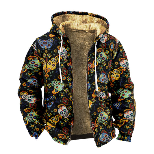 Emerald Blossoms - Sugar Skull, Mexican Pattern Print Wool Hooded Jackets For Hippie