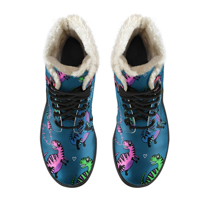 T-rex Dinosaur Cartoon Pattern Print Comfy Faux Fur Boots For Winter Season