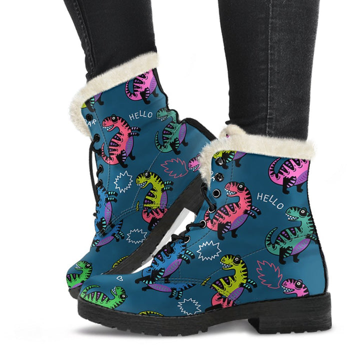 T-rex Dinosaur Cartoon Pattern Print Comfy Faux Fur Boots For Winter Season