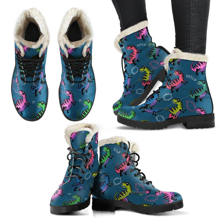 T-rex Dinosaur Cartoon Pattern Print Comfy Faux Fur Boots For Winter Season