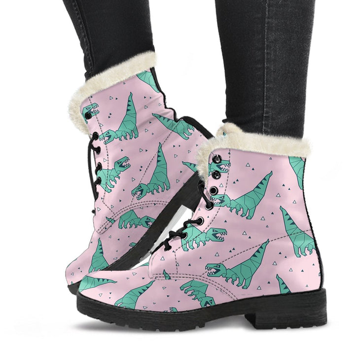 T-rex Dinosaur Cute Cartoon Pattern Print Comfy Faux Fur Boots For Winter Season