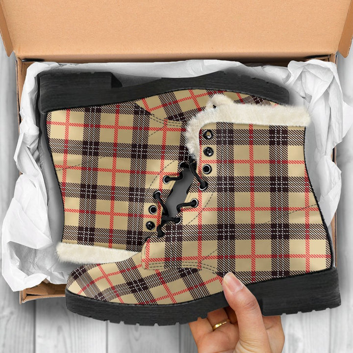 Tartan Scottish Beige Plaids Print Comfy Faux Fur Boots For Winter Season