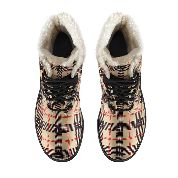 Tartan Scottish Beige Plaids Print Comfy Faux Fur Boots For Winter Season