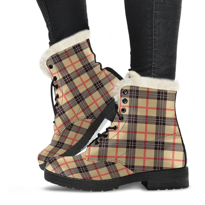 Tartan Scottish Beige Plaids Print Comfy Faux Fur Boots For Winter Season