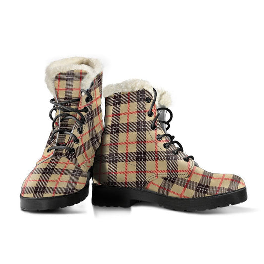 Tartan Scottish Beige Plaids Print Comfy Faux Fur Boots For Winter Season