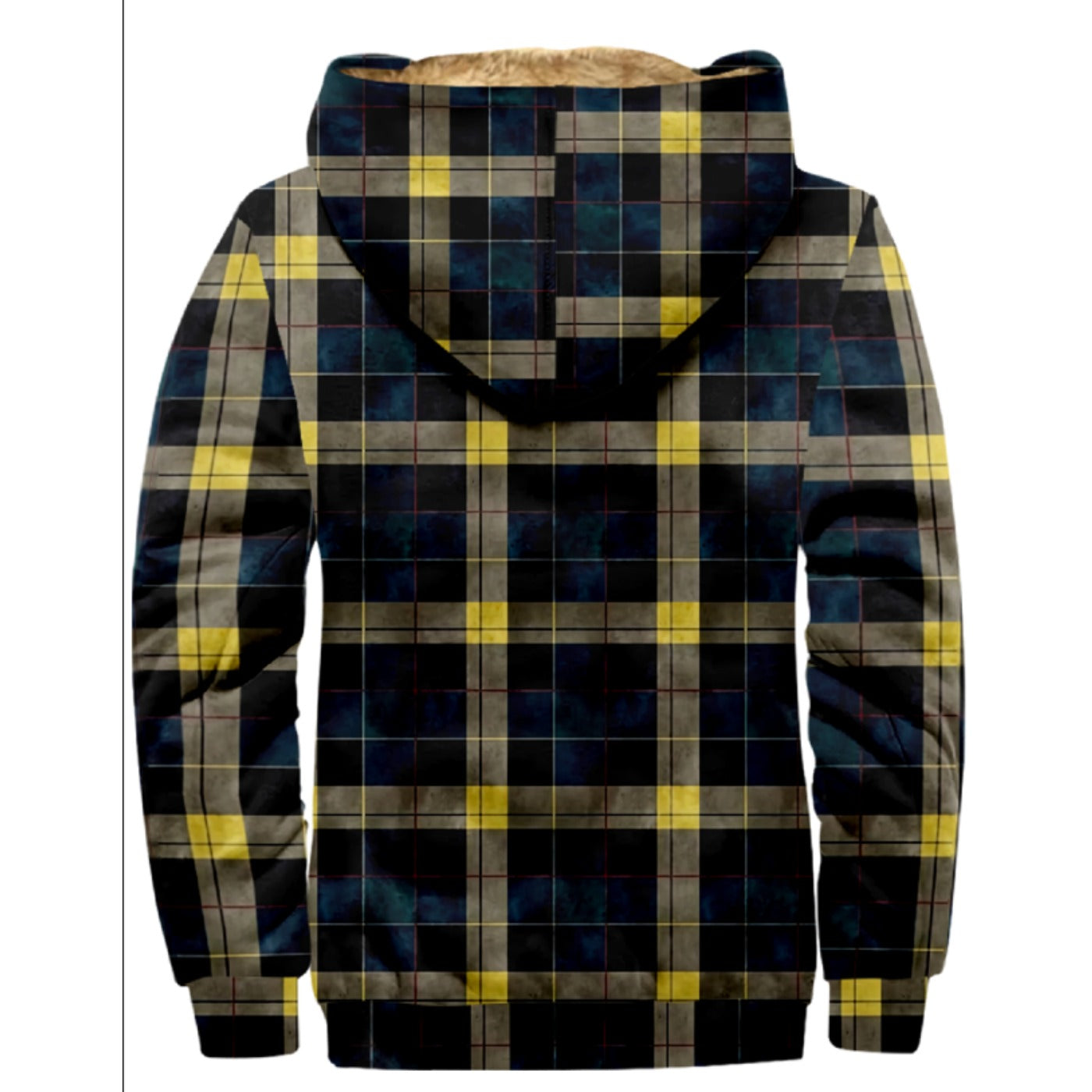 Emerald Blossoms - Vintage Dark Blue, Yellow Plaid Pattern Print Wool Hooded Jackets For Hippie