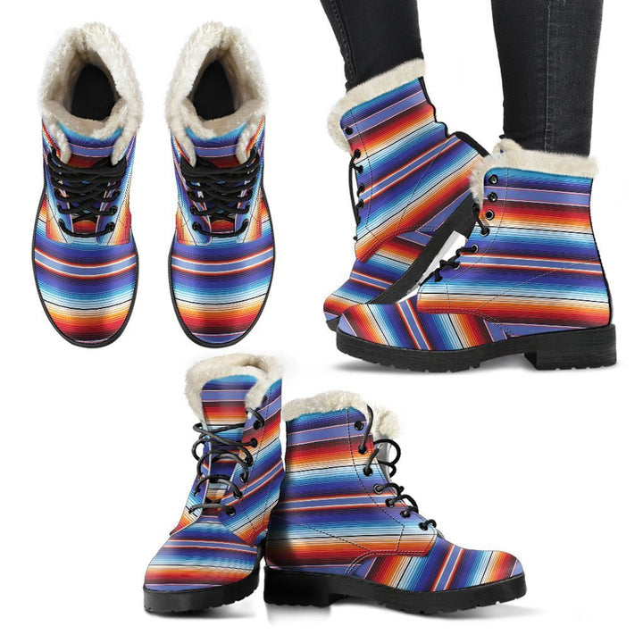 Vintage Serape Baja Mexican Pattern Print Comfy Faux Fur Boots For Winter Season