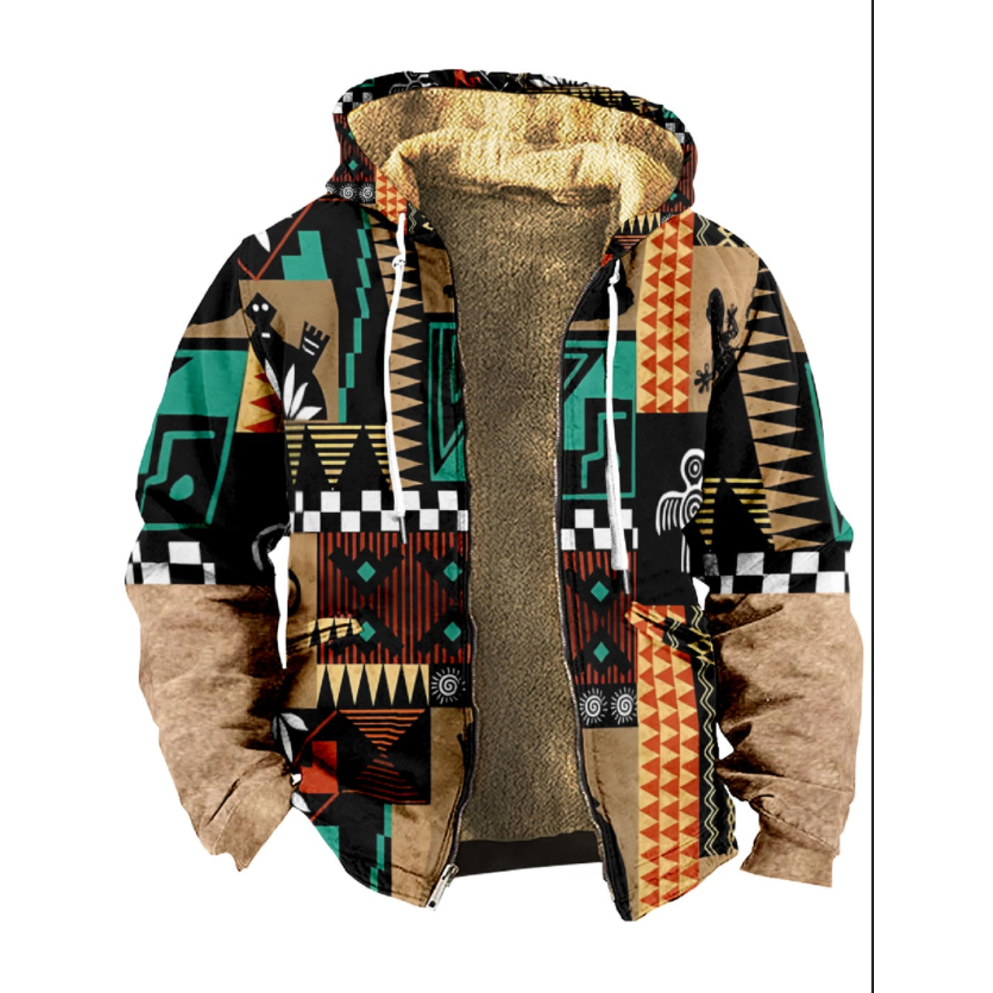 Emerald Blossoms - Western Aztec, American Animals Pattern Print Wool Hooded Jackets For Hippie