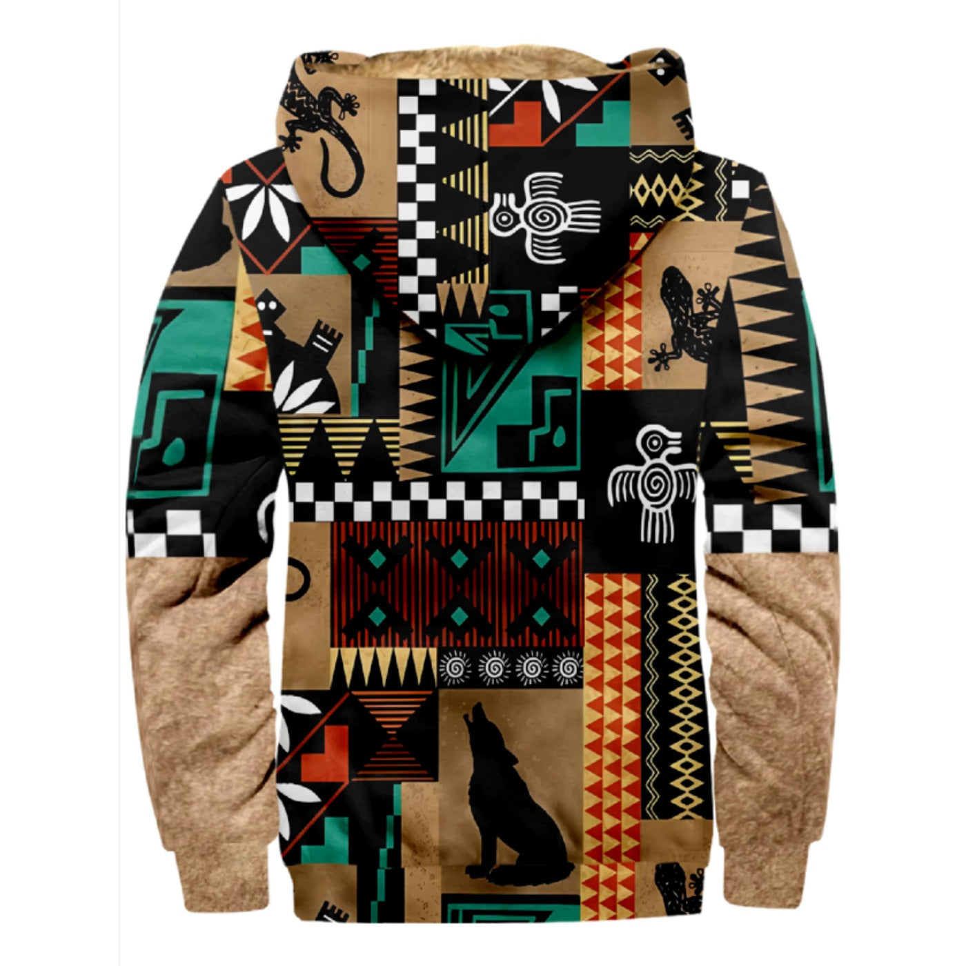 Emerald Blossoms - Western Aztec, American Animals Pattern Print Wool Hooded Jackets For Hippie