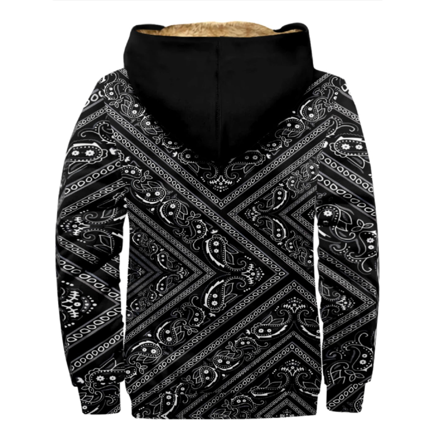 Western Aztec, Black Bandana Pattern Print Wool Hooded Jackets For Hippie