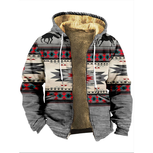 Western Aztec, Gray Ethnic Pattern Print Wool Hooded Jackets For Hippie